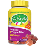 Culturelle Kids probiotic gummy bottle with yellow cap and colorful label on a white background