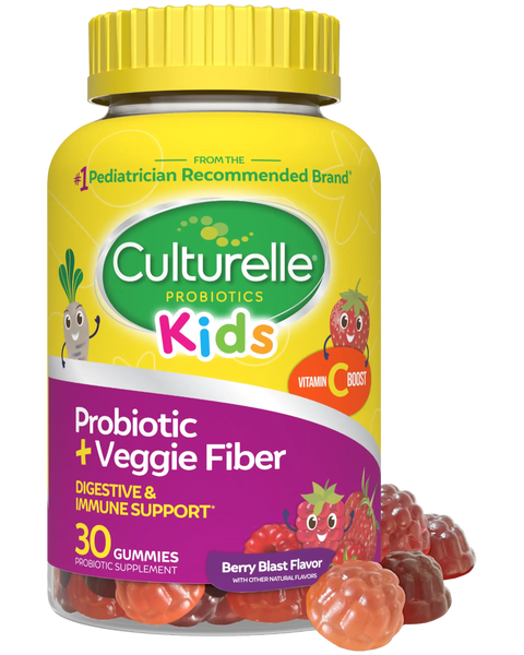 Culturelle Kids probiotic gummy bottle with yellow cap and colorful label on a white background