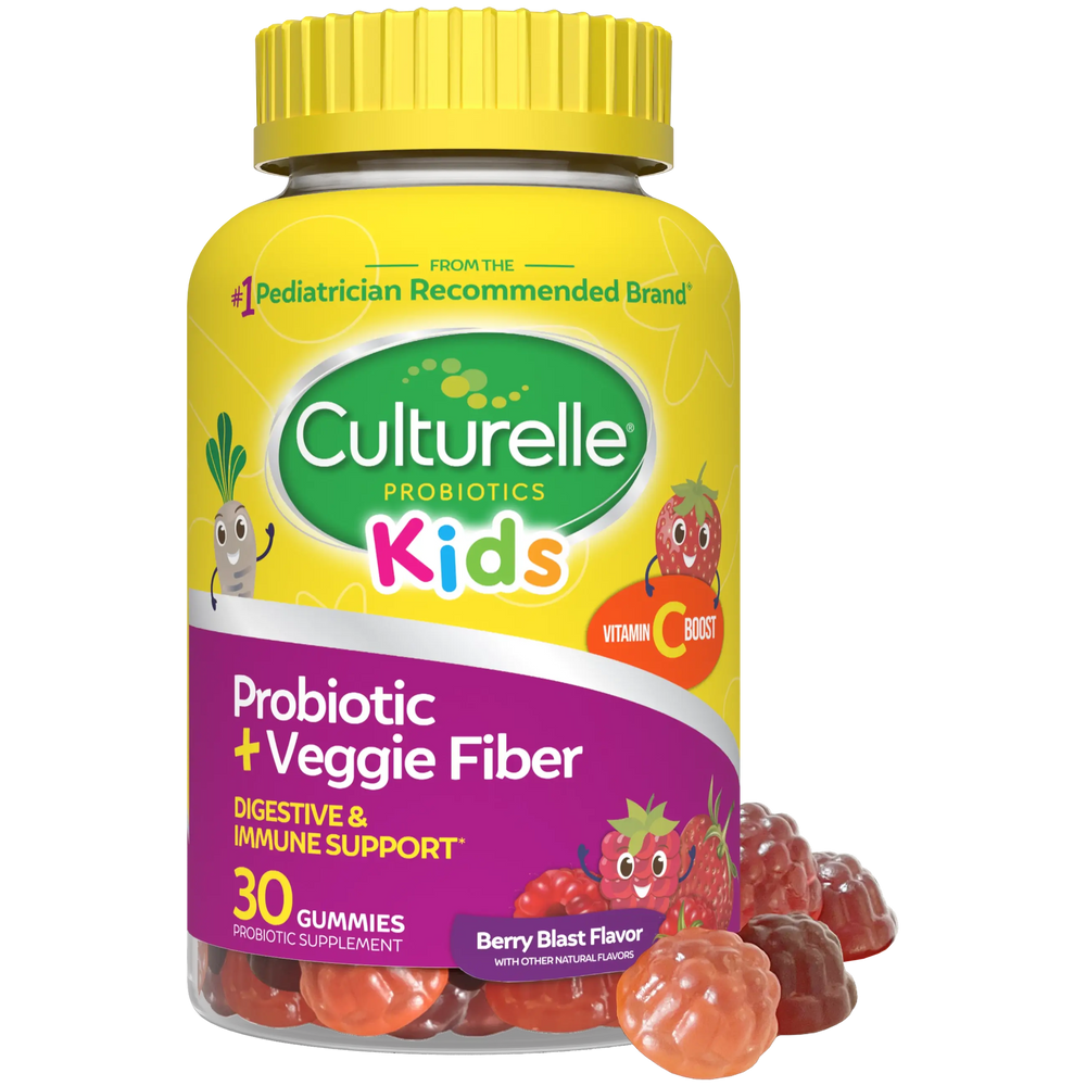 Culturelle Kids probiotic gummy bottle with yellow cap and colorful label on a white background