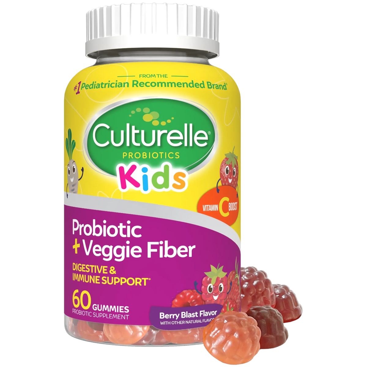 Culturelle Kids probiotic gummy bottle with colorful label on a white background