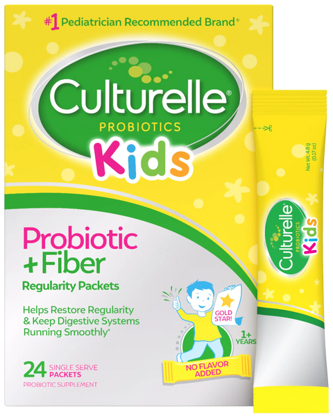 Culturelle Kids probiotic gummies packaging with a yellow lid and colorful label.