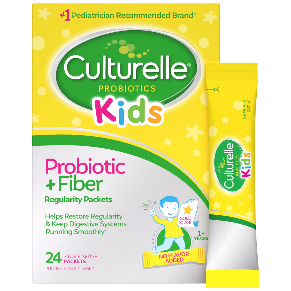 Culturelle Kids probiotic gummies packaging with a yellow lid and colorful label.