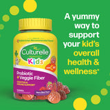 Culturelle Kids probiotic gummies on a green background with text about supporting kids' health.