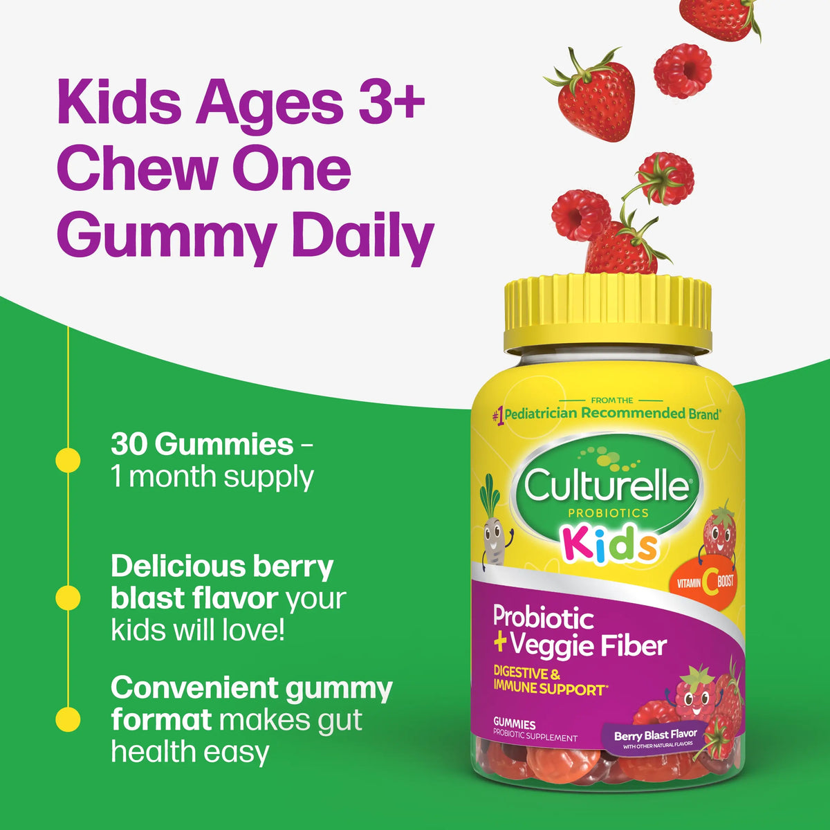 Culturelle Kids probiotic gummy bottle with strawberry graphics on a green and white background