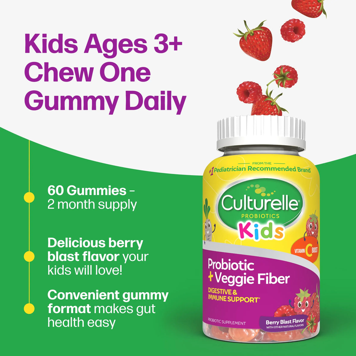 Culturelle Kids Probiotic gummy bottle with strawberry and raspberry illustrations on a green and white background.