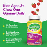 Culturelle Kids Probiotic gummy bottle with strawberry and raspberry illustrations on a green and white background.