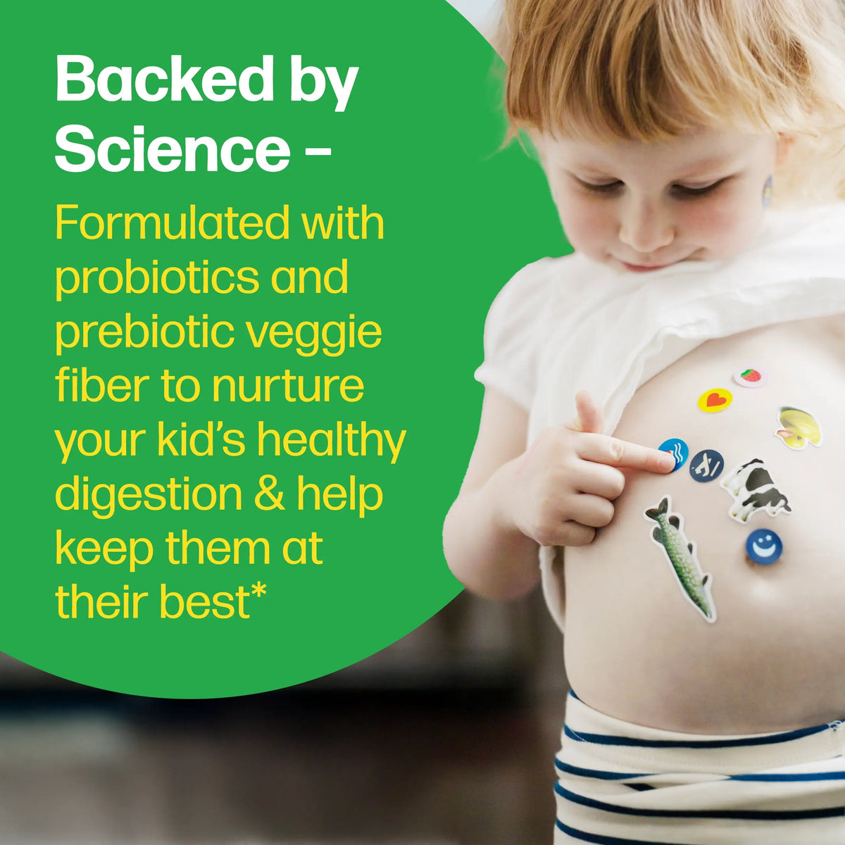 Child with colorful stickers on a green background with text about science-backed health benefits.