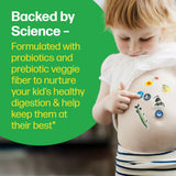 Child with colorful stickers on a green background with text about science-backed health benefits.