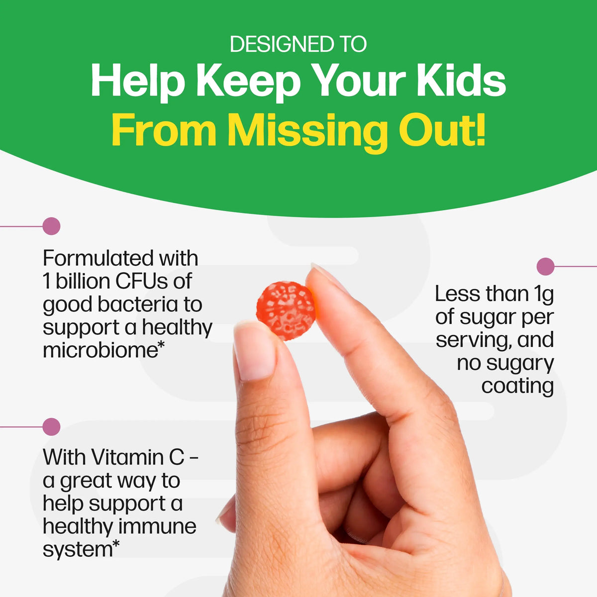 Hand holding a supplement with text about its benefits for children on a green and white background