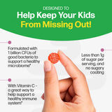 Hand holding a supplement with text about its benefits for children on a green and white background