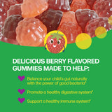 Berry flavored gummies with a cartoon strawberry character on a green background, featuring text about health benefits.