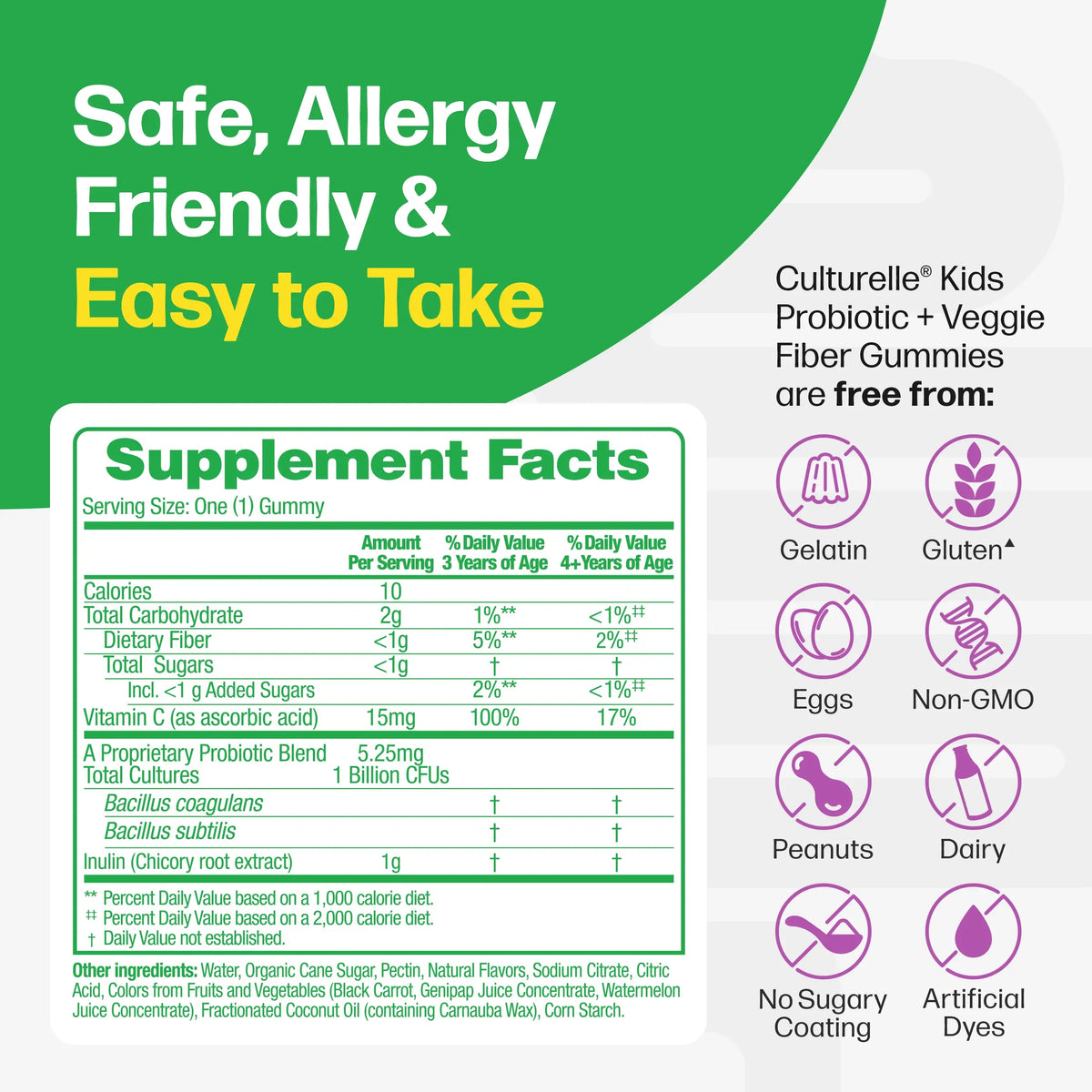 Supplement facts label for Culturelle Kids Probiotic + Veggie Fiber Gummies on a green and white background.