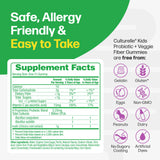 Supplement facts label for Culturelle Kids Probiotic + Veggie Fiber Gummies on a green and white background.