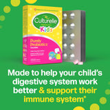 Culturelle Kids probiotics packaging on a green background with text about digestive and immune support.