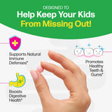 Product advertisement for children's health benefits with a hand holding a pill.