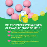 Pink chewable tablets with a cartoon character and text on a blue and green background