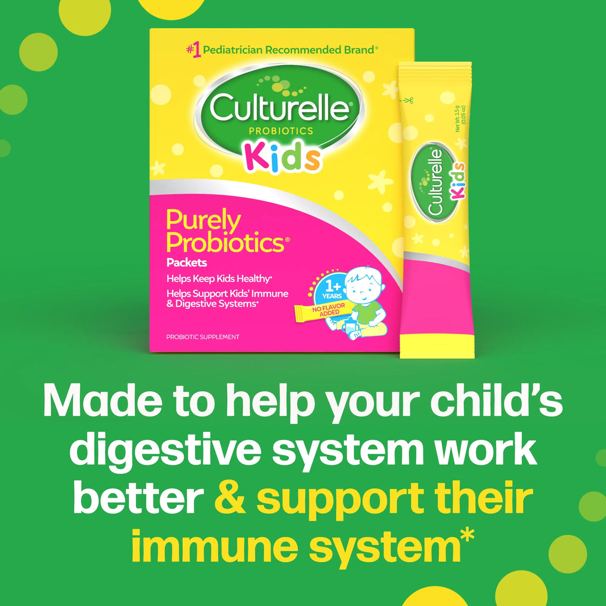Culturelle Kids Purely Probiotics packets on a green background with text about digestive and immune support.