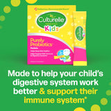 Culturelle Kids Purely Probiotics packets on a green background with text about digestive and immune support.