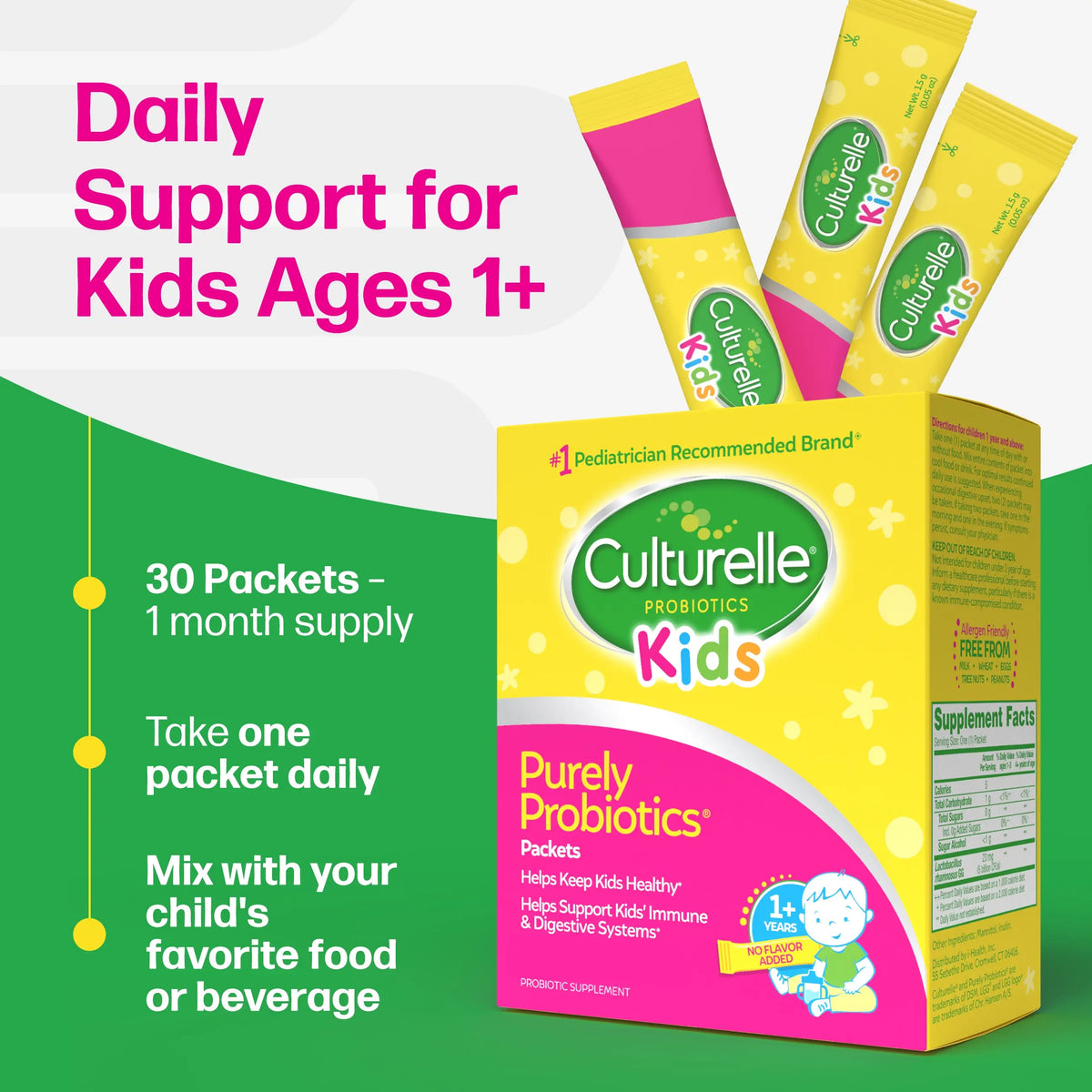Culturelle Kids Probiotics packaging with text on daily support for kids ages 1+.