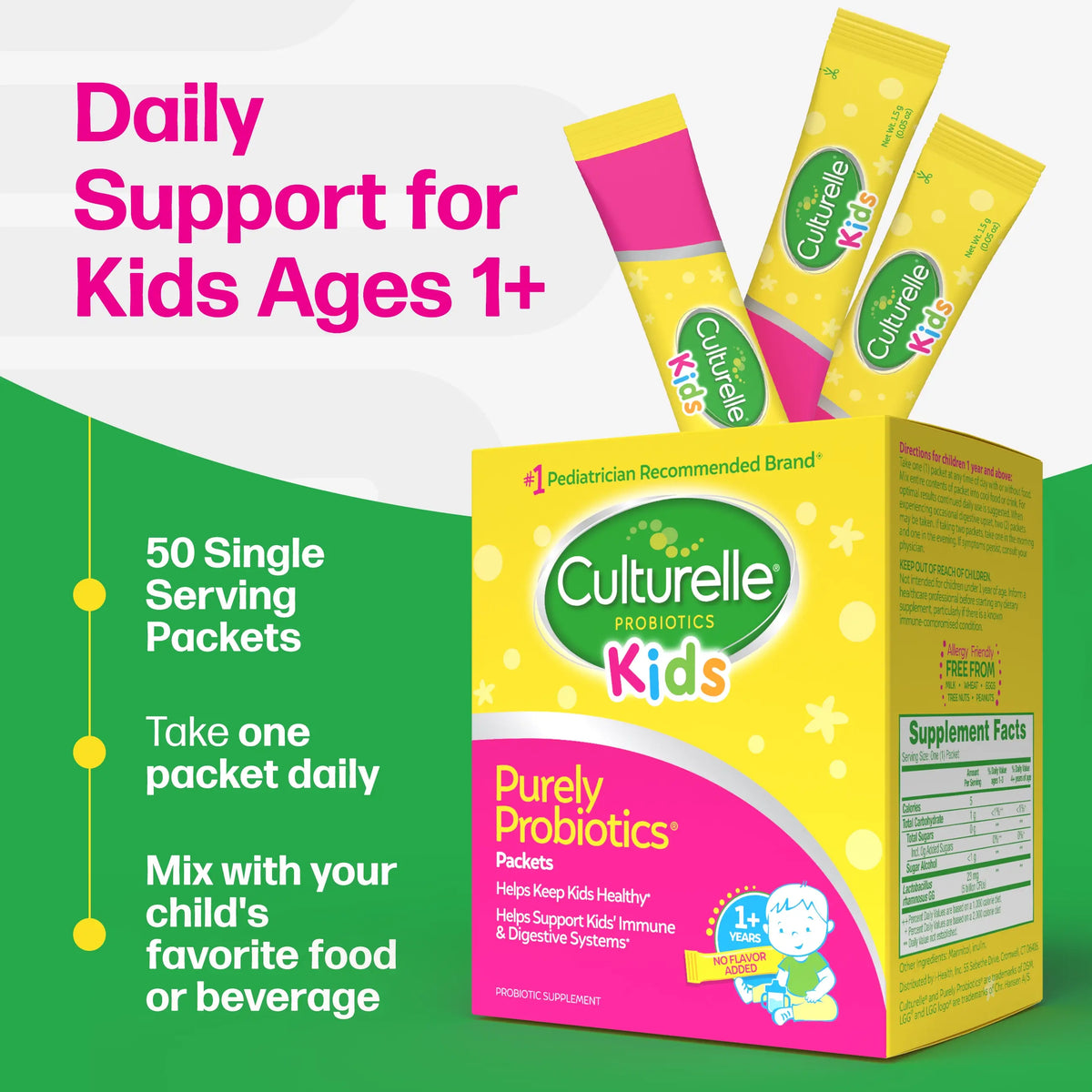 Culturelle Kids probiotic packets and box with promotional text on a green and white background