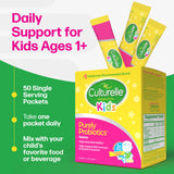 Culturelle Kids probiotic packets and box with promotional text on a green and white background