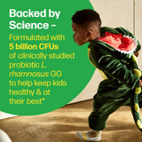 Child in dinosaur costume with promotional text about probiotics on a green background