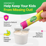Culturelle Kids probiotic stick pack being poured into a container with text highlighting benefits on a green background.