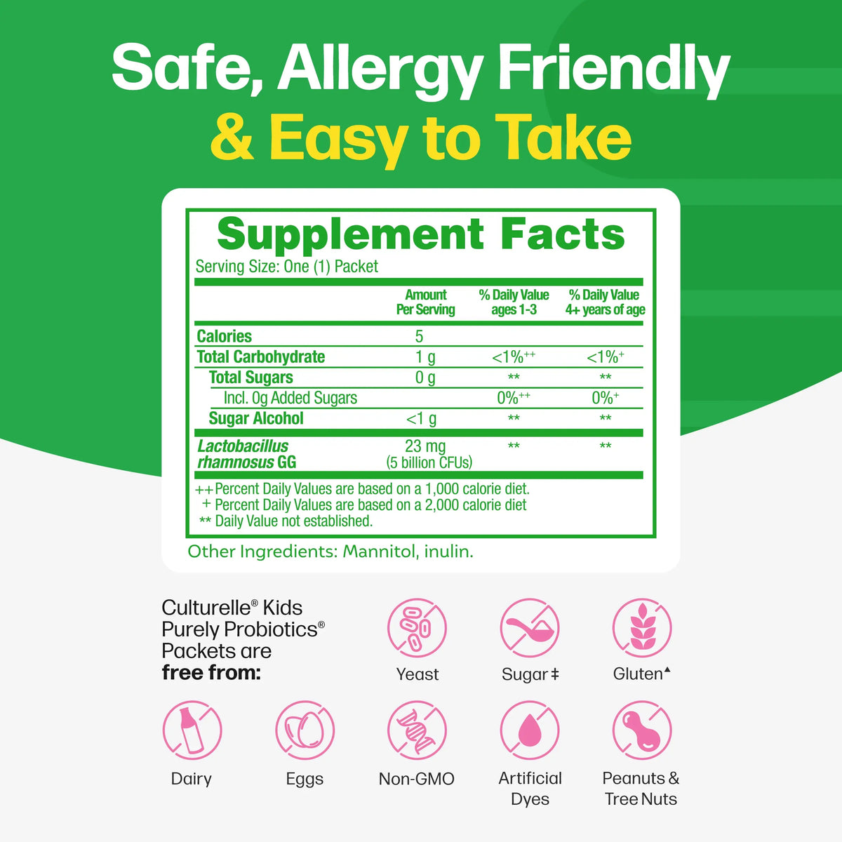 Supplement facts label for Culturelle Kids Purely Probiotics on a green background