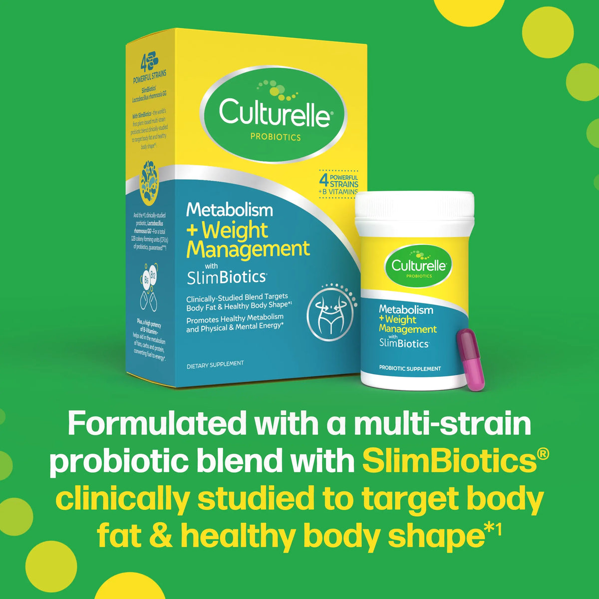 Culturelle Metabolism + Weight Management SlimBiotics packaging on a green background