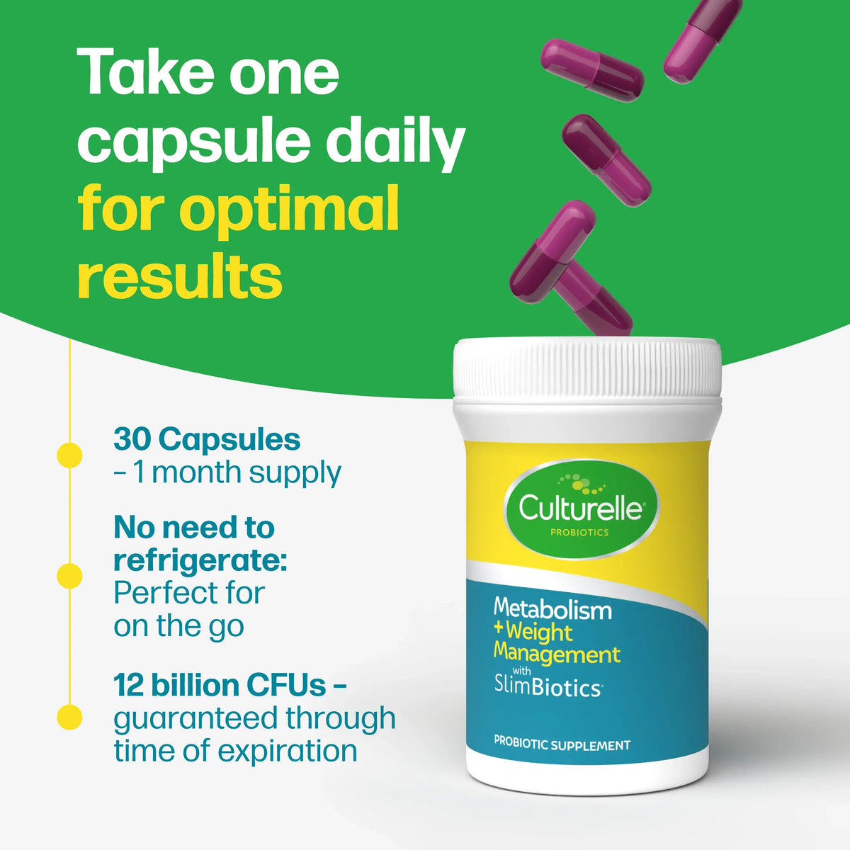 Culturelle probiotic supplement container with capsules on a green background