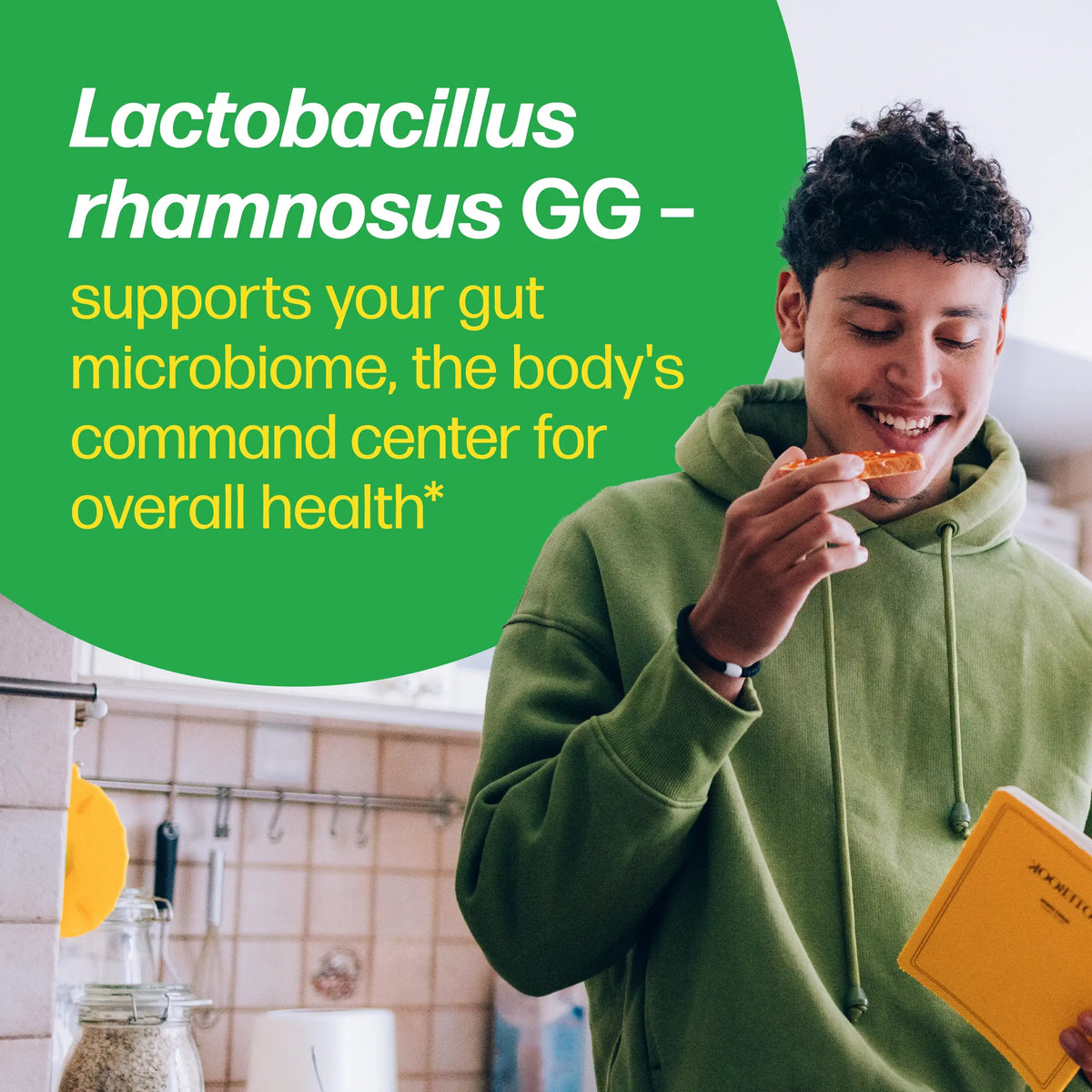 Person eating a snack with text about Lactobacillus rhamnosus GG in a kitchen setting