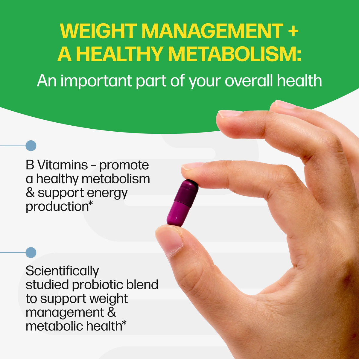 Hand holding a purple supplement capsule with text about weight management and a healthy metabolism on a green and white background.