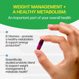Hand holding a purple supplement capsule with text about weight management and a healthy metabolism on a green and white background.