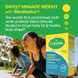 Advertisement for Culturelle SlimBiotics probiotic supplement with two women exercising outdoors.