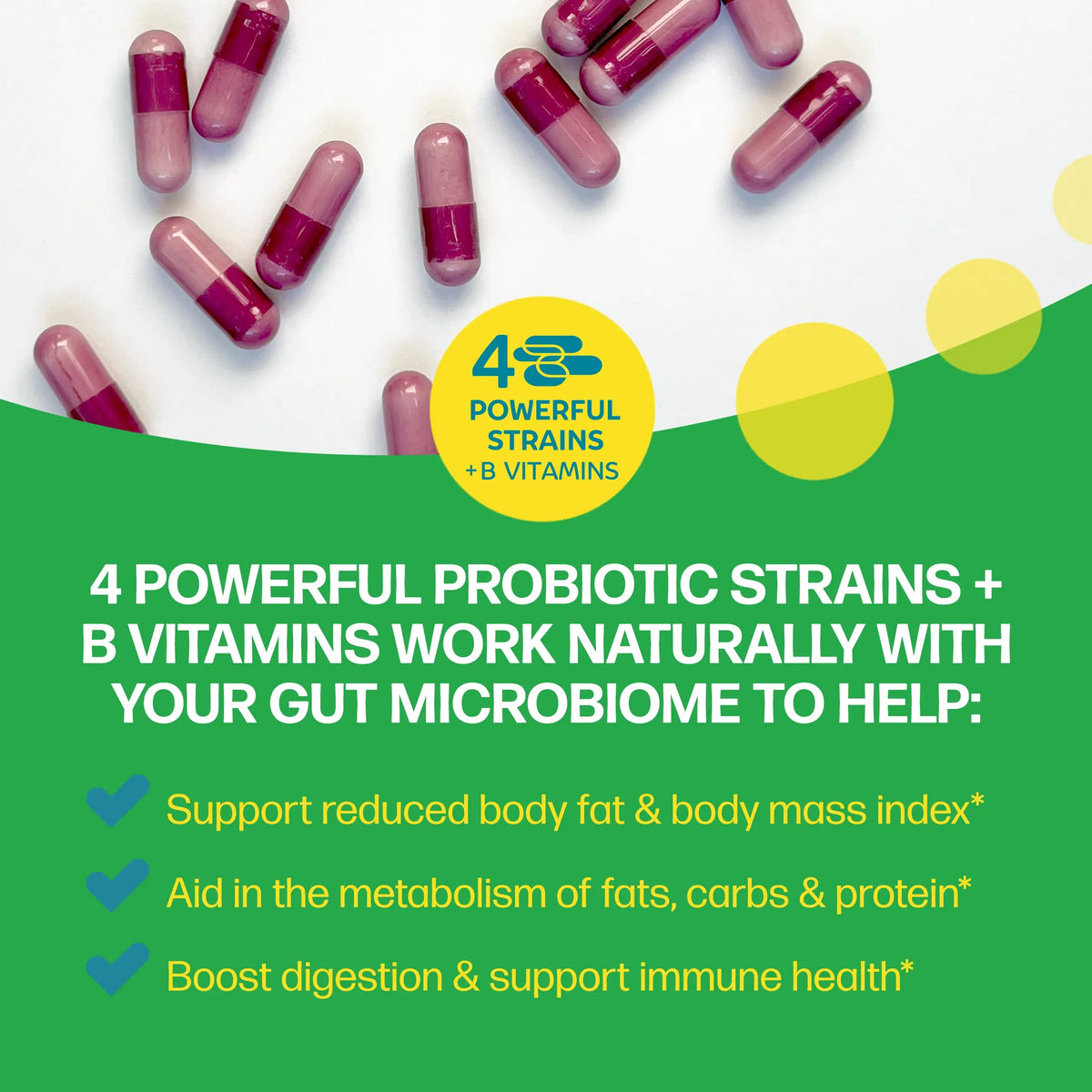 Supplement capsules with a green banner highlighting probiotic strains and vitamins on a white background