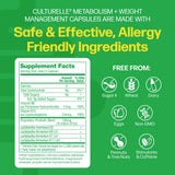 Supplement facts label with allergen-free icons on a green background