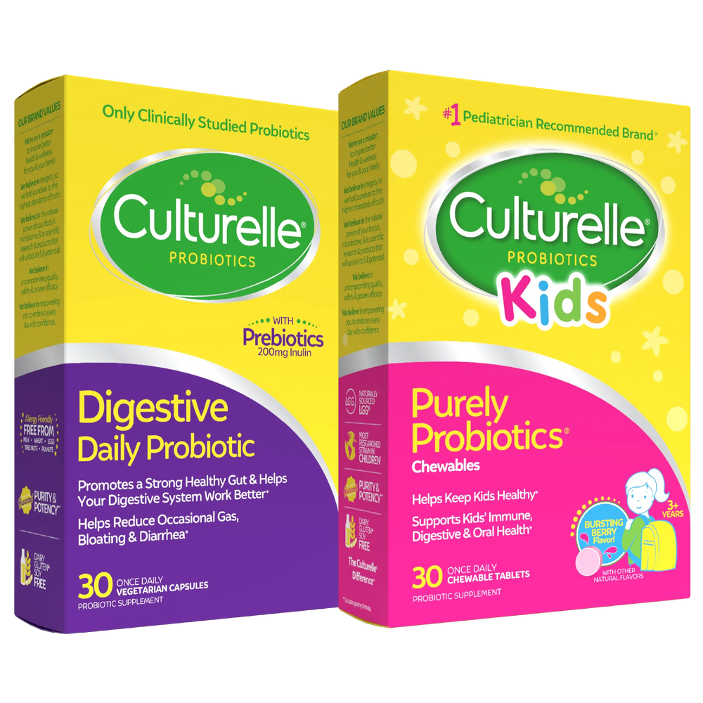 Two boxes of Culturelle probiotics, one for digestive daily use and another for kids, on a white background.