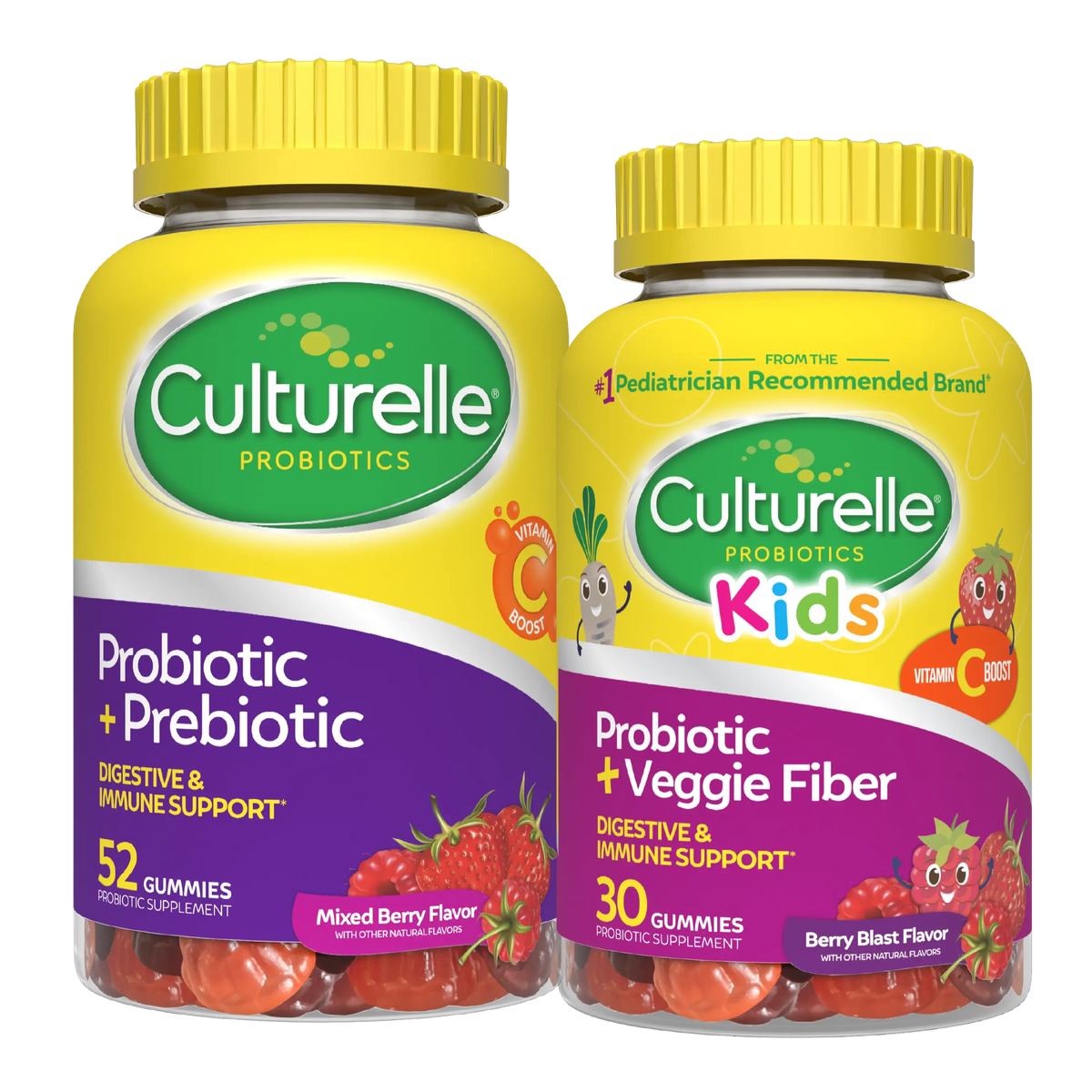 Two bottles of Culturelle probiotic gummies on a white background