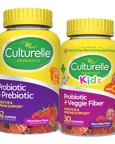 Two bottles of Culturelle probiotic gummies on a white background