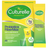Culturelle Probiotics + FiberMax dietary supplement packaging, showing the main box and a single-serve packet on a plain white background.