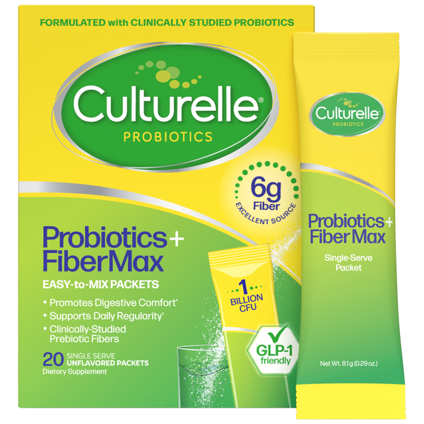 Culturelle Probiotics + FiberMax dietary supplement packaging, showing the main box and a single-serve packet on a plain white background.