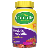 Culturelle probiotic gummies packaging with yellow cap and colorful label on a white background