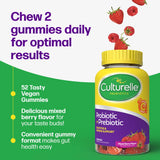 Culturelle probiotic gummies bottle with strawberry and raspberry illustrations on a green and white background