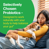 Woman hugging a dog with text about selectively chosen probiotics on a green background