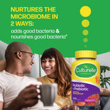 Culturelle probiotic supplement bottle with a couple sitting together, emphasizing microbiome health.