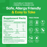 Supplement facts label for Culturelle probiotic gummies on a green background with allergen-free icons.