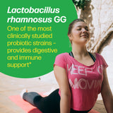Woman sitting on a yoga mat with promotional text about Lactobacillus rhamnosus GG