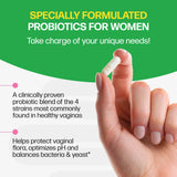 Probiotics for women with a hand holding a capsule against a green and white background