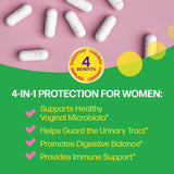 Product packaging with text highlighting benefits for women on a green and pink background