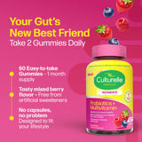 Culturelle probiotics bottle with gummies and berries on a green background